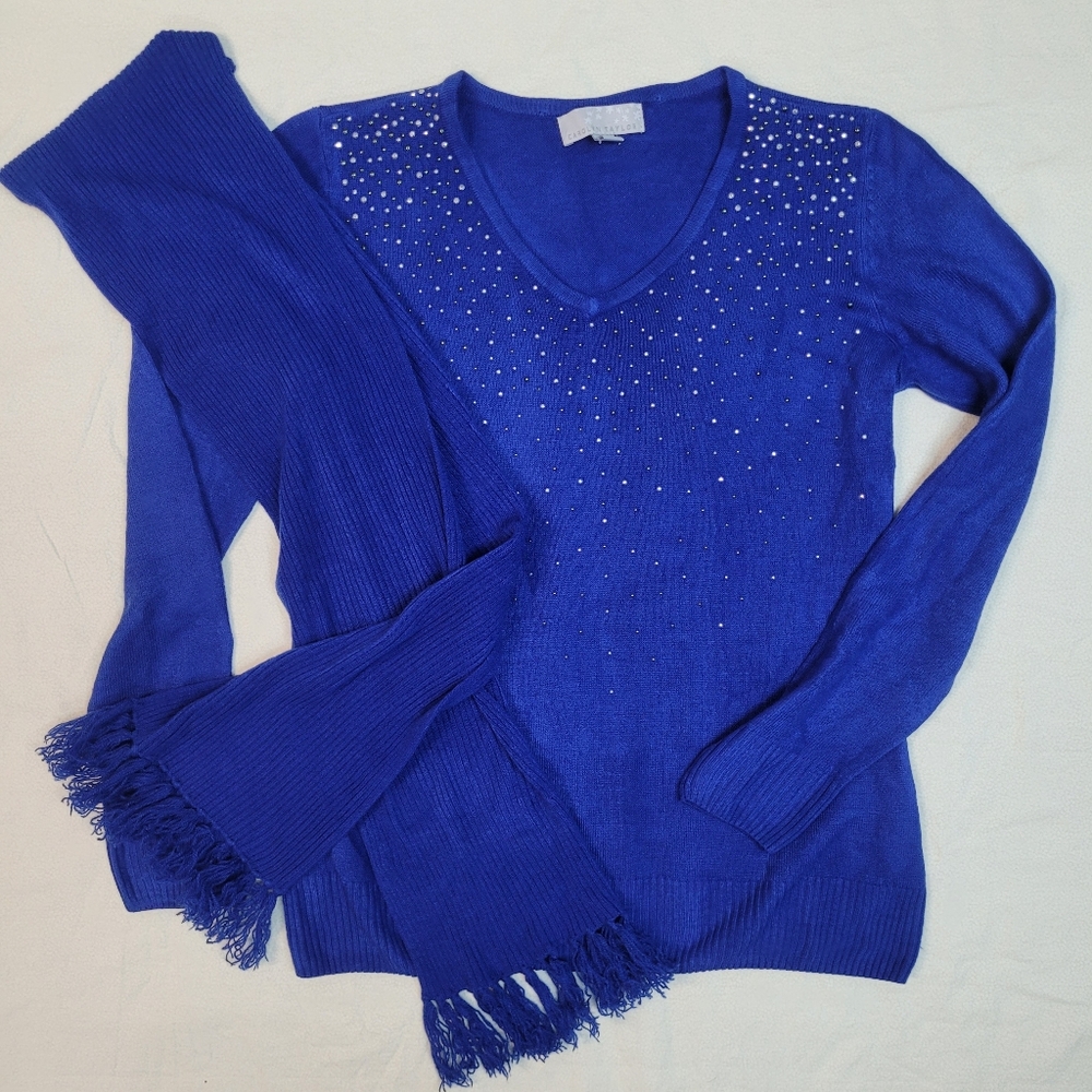 Carolyn Taylor Women's Blue V-Neck Embellished Sweater with Scarf, Womens Med